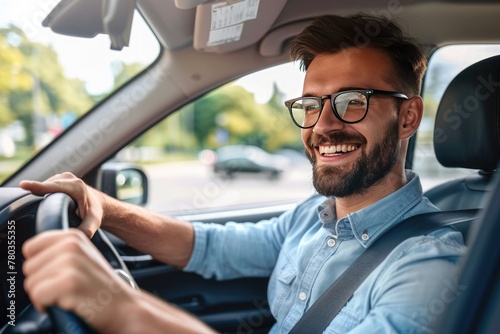 Handsome young man is driving a car and smiling driving a car with a clear view of the city through the window. showcasing safe driving with a seatbelt