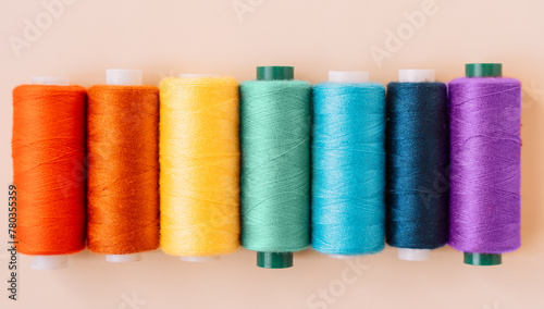Close-up of colorful skeins of sewing thread. photo