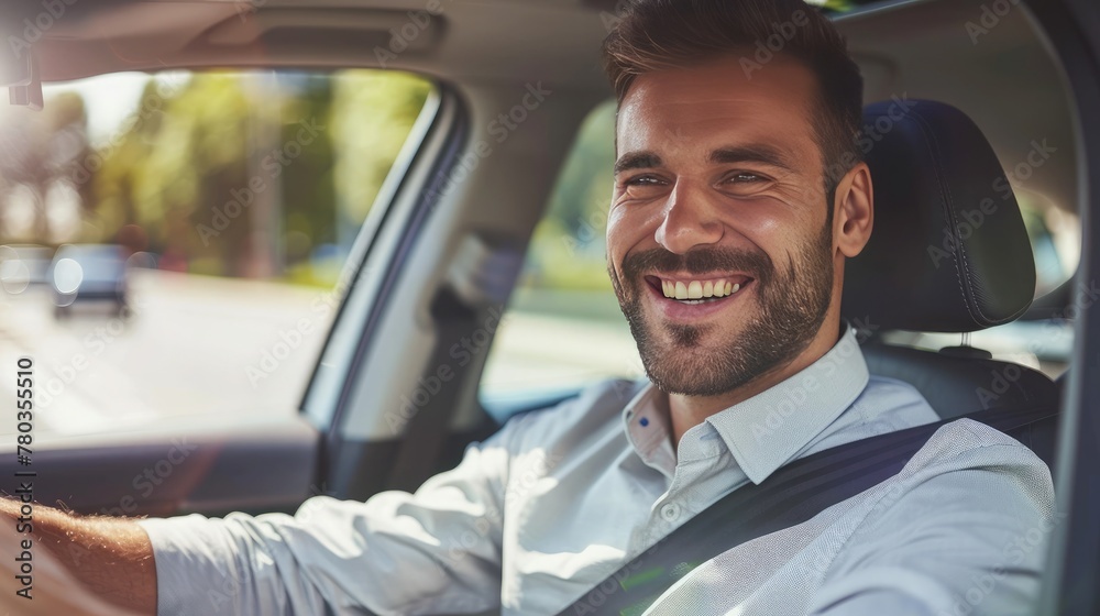 Handsome young man is driving a car and smiling driving a car with a clear view of the city through the window. showcasing safe driving with a seatbelt