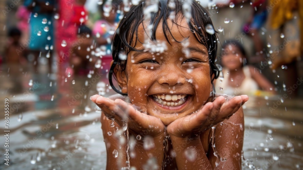 Obraz premium A little boy stands in the water, surrounded by ripples and splashes Concept of World Water Day