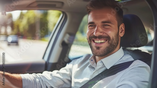 Handsome young man is driving a car and smiling driving a car with a clear view of the city through the window. showcasing safe driving with a seatbelt © ttonaorh