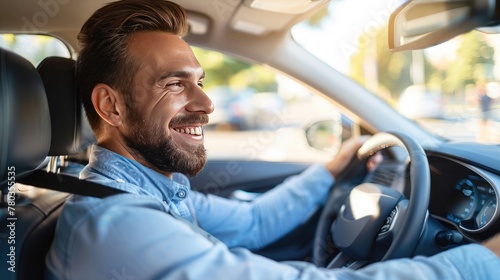 Handsome young man is driving a car and smiling driving a car with a clear view of the city through the window. showcasing safe driving with a seatbelt