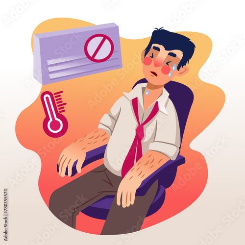 Man suffers from broken air conditioner on hot summer day and sweats sitting in office chair. Exhausted businessman returned from street received sunstroke and regrets lack of conditioner