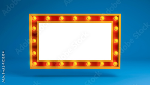 3D Rendering,Realistic frame mock-up with the yellow bulbs color on dark blue background,Empty space template for advertisement, theater theme concept.