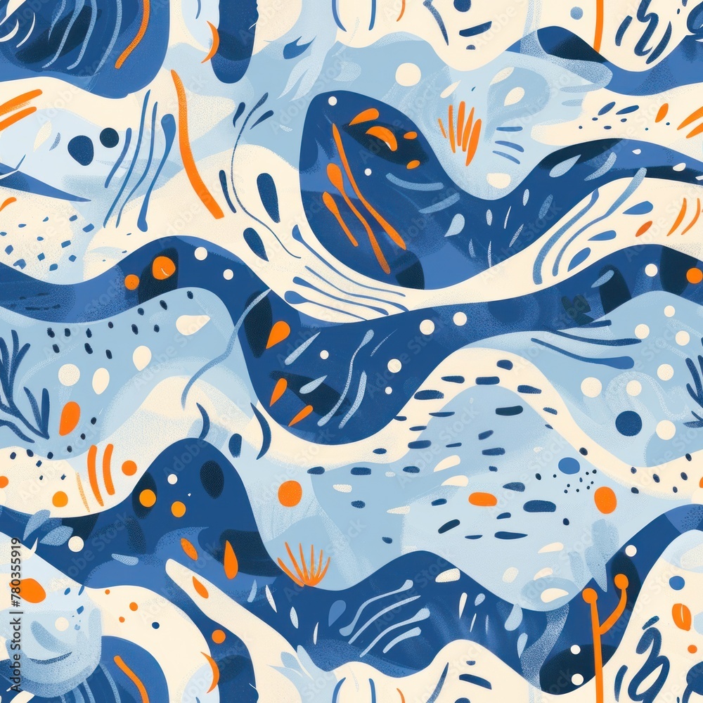 A close-up view of a blue and white pattern with vibrant orange dots interspersed throughout Concept of World Water Day, pattern
