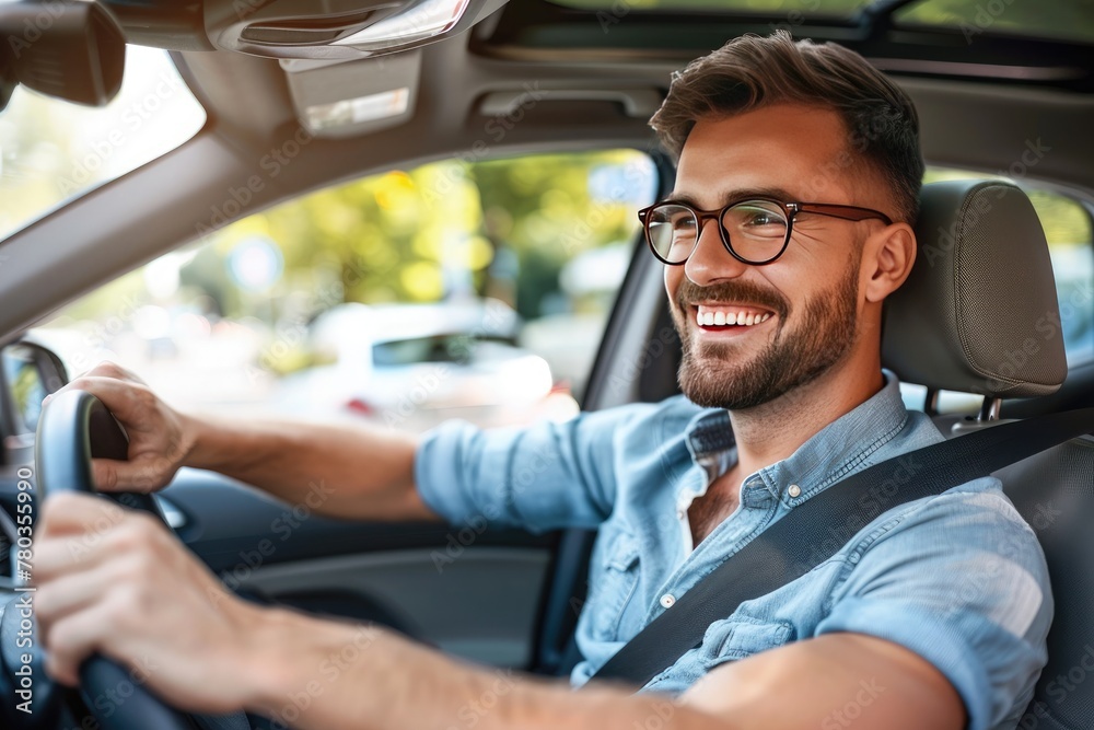 Handsome young man is driving a car and smiling driving a car with a clear view of the city through the window. showcasing safe driving with a seatbelt