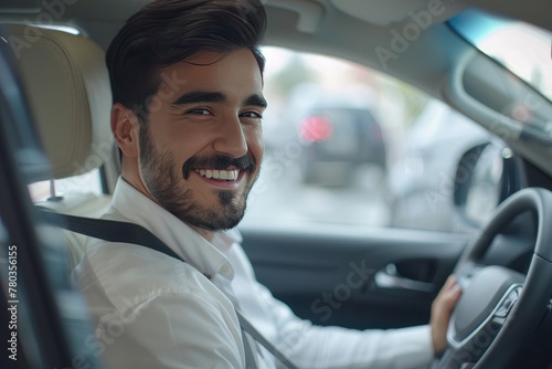 Handsome young man is driving a car and smiling driving a car with a clear view of the city through the window. showcasing safe driving with a seatbelt