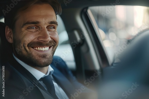 Handsome young man is driving a car and smiling driving a car with a clear view of the city through the window. showcasing safe driving with a seatbelt