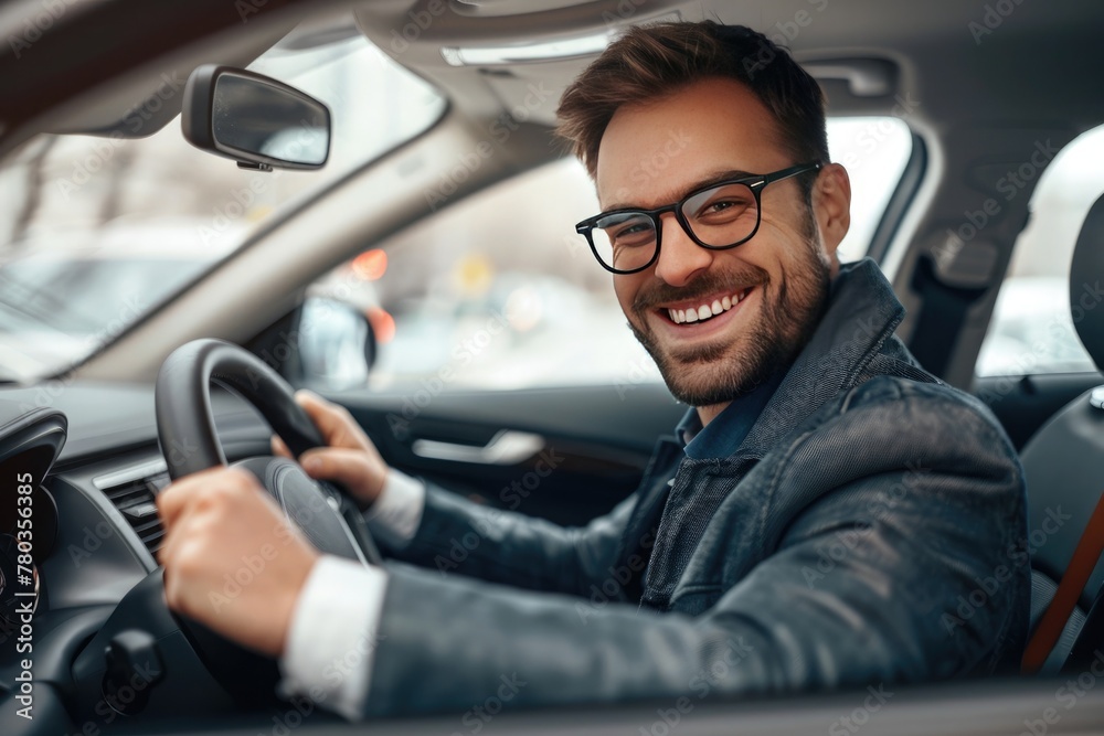 Handsome young man is driving a car and smiling driving a car with a clear view of the city through the window. showcasing safe driving with a seatbelt Handsome young man is driving a car and smiling driving a car with a clear view of the city through the window. showcasing safe driving with a seatbelt