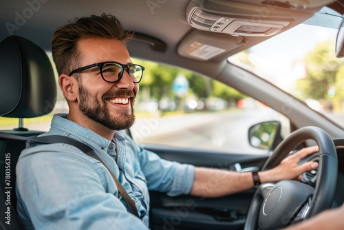 Handsome young man is driving a car and smiling driving a car with a clear view of the city through the window. showcasing safe driving with a seatbelt