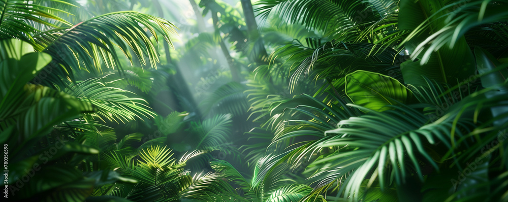 Lush tropical vegetation, floral background, panoramic view, generated ai