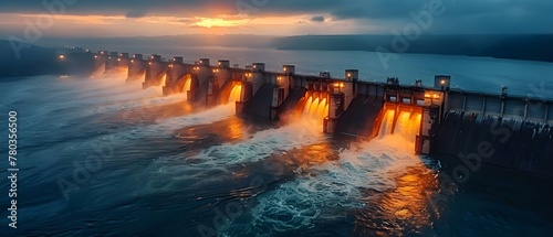 Engineering Marvel: Hydroelectric Power at Dusk. Concept Engineering Marvel, Hydroelectric Power, Dusk Landscape, Renewable Energy, Industrial Aesthetics