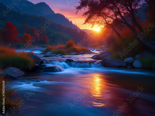 Evening Seenary with  Vibrant Colors and waterflow photo
