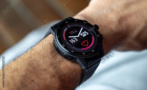 Smartwatch on a wrist, displaying a heart rate monitor and steps counter, emphasizing health and fitness tracking.