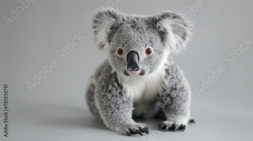 Close-up of a fluffy koala toy with plush gray fur and adorable animal features sitting isolated in a studio