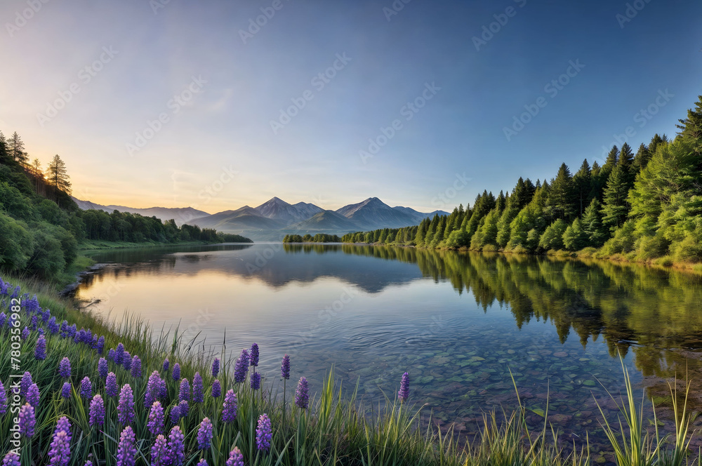 Naklejka premium Lake Mountain Background Cloud Trees Forest Rock Stone