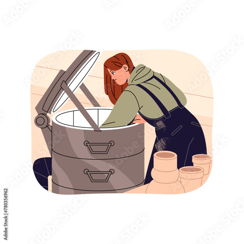 Ceramic firing in modern pottery workshop. Potter puts clay pot, gets crockery into electric kiln. Ceramist creates, making handmade crocks. Flat isolated vector illustration on white background