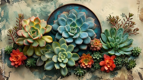 A vintage botanical illustration of succulents, capturing the detailed textures and geometric patterns of their leaves in a compact, circular layout.