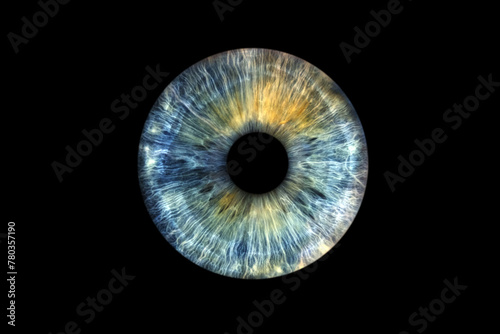 Close up of eye iris on black background, macro, photography