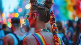 Joyous moment captured at a pride festival, showcasing the spirit of inclusivity with a backdrop of blurred festive lights, LGBTQ
