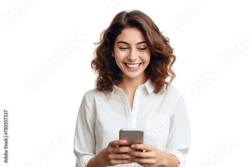 smiling woman Use the application on your smartphone. Isolated on transparent background.