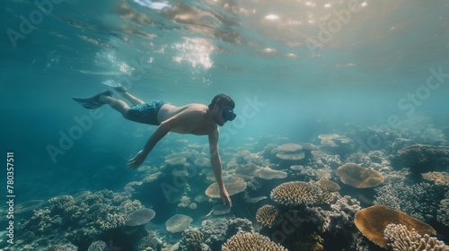 a man in fins and swimming goggles dives into the sea to view coral reefs during vacation. Tourist having fun in the sea near the hotel photo