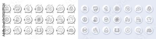 Headshot, Smile chat and Phone video line icons. White pin 3d buttons, chat bubbles icons. Pack of Cable section, Globe, Ice cream icon. T-shirt, Luggage trolley, Charging cable pictogram. Vector