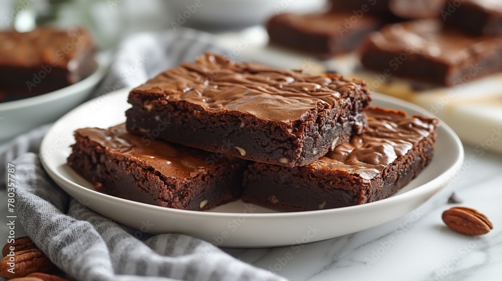 Close up caramel chocolate brownies topped with chocolate ganache icing on a kitchen table. Close up caramel chocolate brownies topped with chocolate ganache icing on a kitchen table.