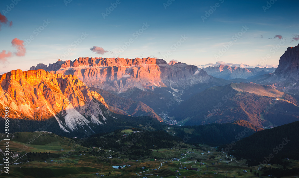 Incredible morning view of the Val Gardena valley in Dolomite mountains. Puez Geisler National Park, Italy, Europe.