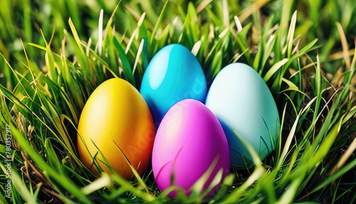 Easter coloured decorated eggs on a green grass