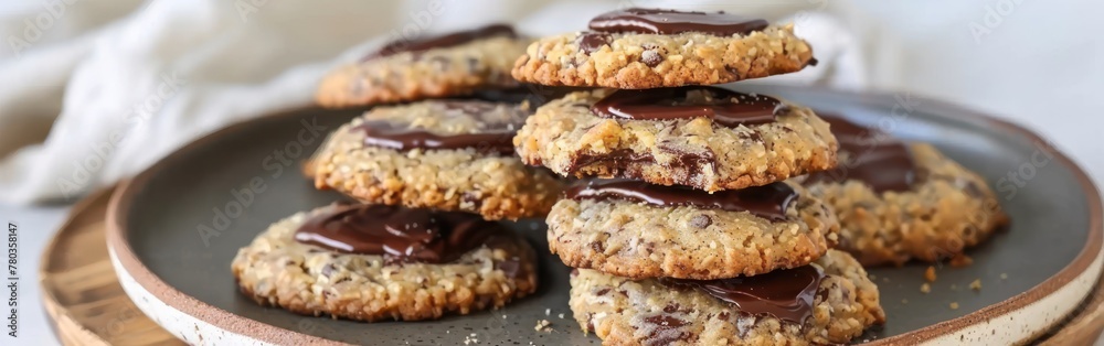 A stack of American cookies with chocolate chunks resting on top of a plate A stack of American cookies with chocolate chunks resting on top of a plate