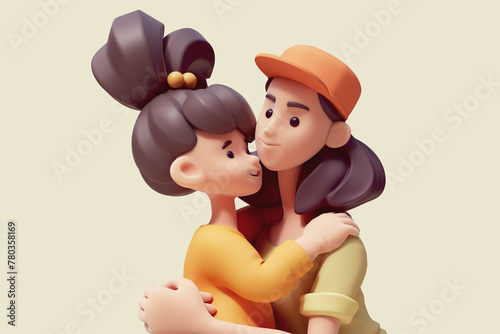 Portrait of a cute kawaii excited asian smiling child girl hugs young mom. Mom and сheerful daughter wear fashion casual green, yellow, clothes. Concept of friendly family. 3d render in pastel colors.