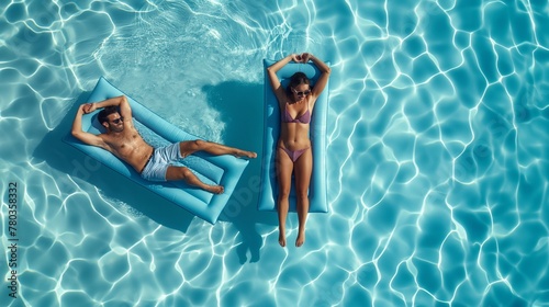 A young couple is relaxing, lying on bright inflatable mattresses in the pool. Around the man and woman there is only the surface of the water illuminated by the sun. Top view photo