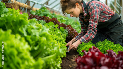 Organic Farming - Young Woman Tending Lettuce