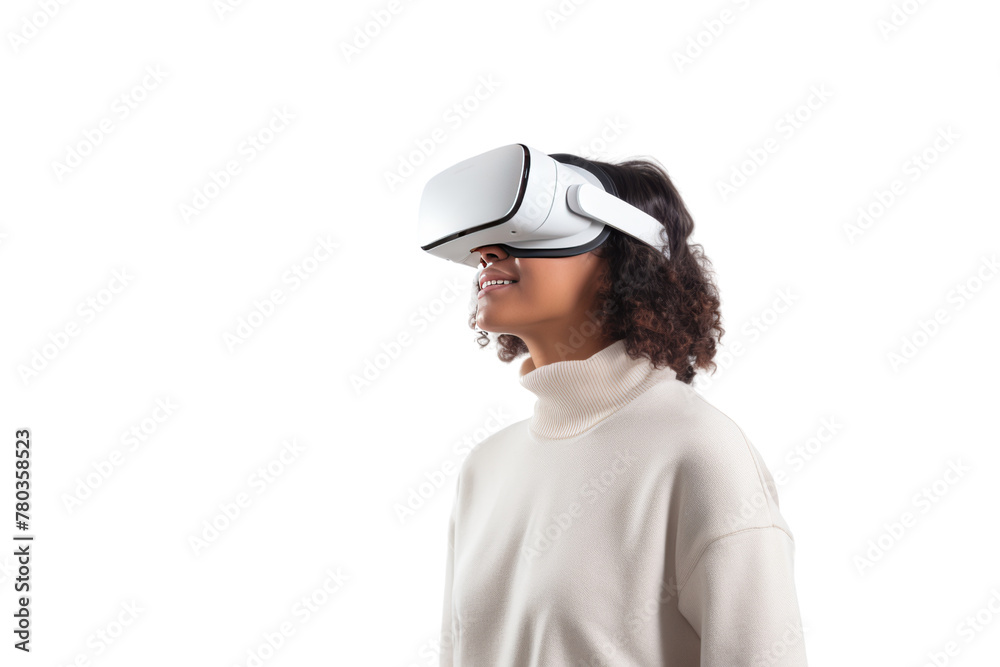 A woman wearing a VR headset is taking care of the virtual world. The background is full of user avatars, representing various services. Isolated on transparent background. A woman wearing a VR headset is taking care of the virtual world. The background is full of user avatars, representing various services. Isolated on transparent background.