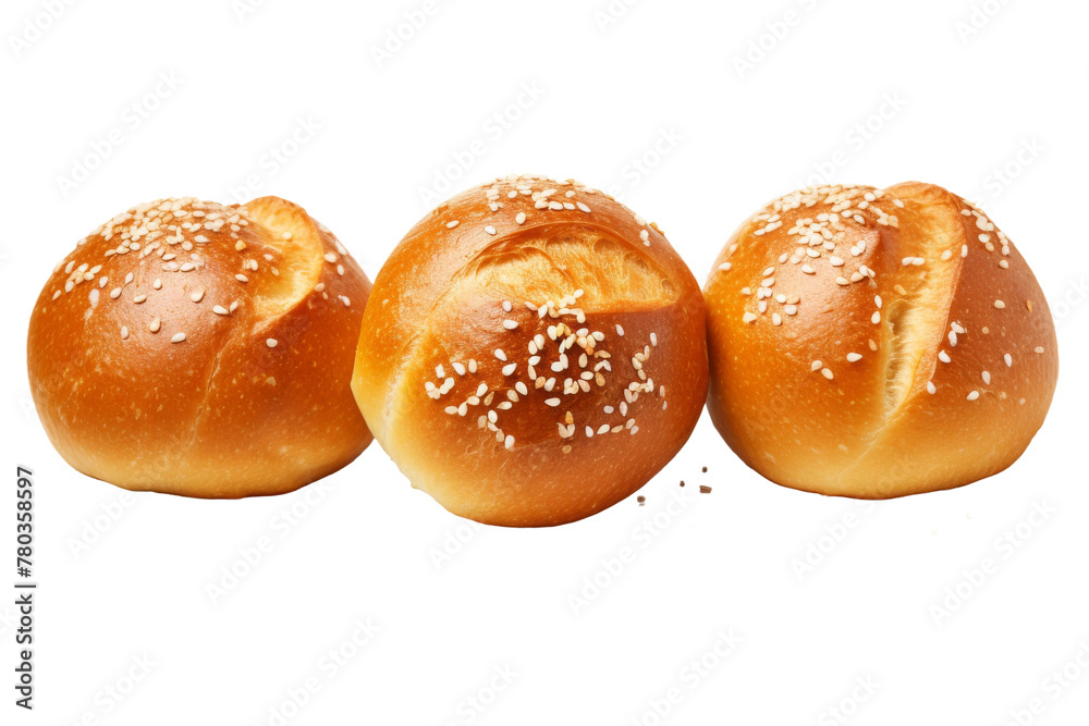 Three Sesame Seed Buns on White Background. On a White or Clear Surface PNG Transparent Background.