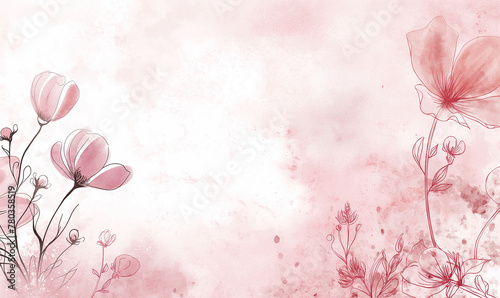 Light pink watercolor background with simple line art flowers on the left side