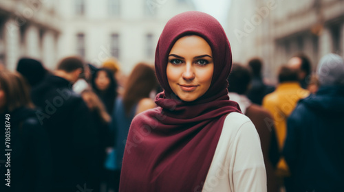 Confident Young Woman in Hijab Standing Out in Urban Crowd