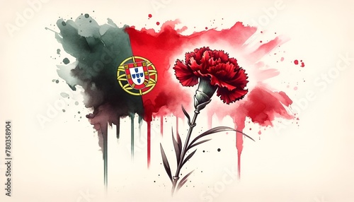 Portugal liberation day illustration with flag of portugal and red carnation.