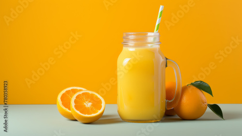 Freshly Squeezed Orange Juice in Mason Jar on Vibrant Background