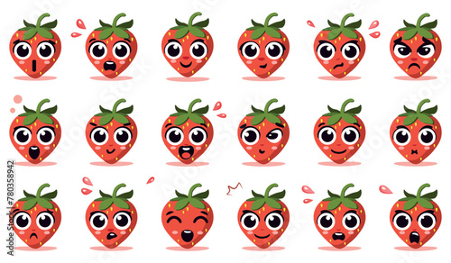 A PRETTY STRAWBERRY. WITH DIFFERENT EMOTIONS. HAPPY, SURPRISED, ANGRY. VECTOR ILLUSTRATION. ISOLATED ELEMENTS ON A TRANSPARENT BACKGROUND