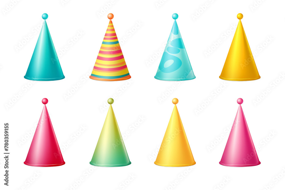 Colorful Party Hats Group on White Background. On a White or Clear Surface PNG Transparent Background. Colorful Party Hats Group on White Background. On a White or Clear Surface PNG Transparent Background.