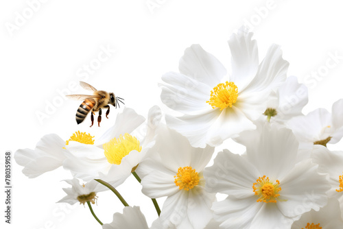 Bee flies on a flower isolated on transparent background.