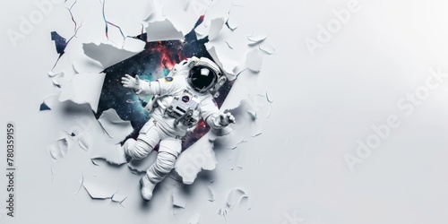 Astronaut in space suit emerging from torn paper into a cosmic scene. Astronaut Breaking Through Paper to Cosmos