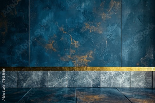 Gold and silver geometrically decorated border, only on the mixed of the image, set against a dark blue background photo