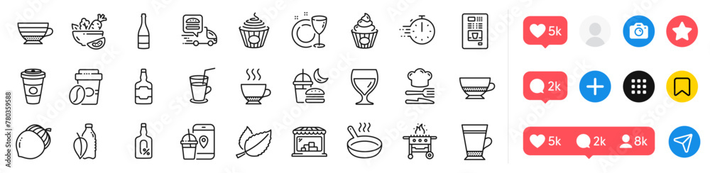 Food app, Acorn and Frying pan line icons pack. Social media icons. Night eat, Whiskey bottle, Latte web icon. Bombon coffee, Cake, Food delivery pictogram. Cooking timer, Salad, Cappuccino. Vector Food app, Acorn and Frying pan line icons pack. Social media icons. Night eat, Whiskey bottle, Latte web icon. Bombon coffee, Cake, Food delivery pictogram. Cooking timer, Salad, Cappuccino. Vector