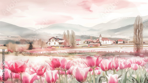 Pastel Sunrise over Tulip Fields with Mountain Backdrop