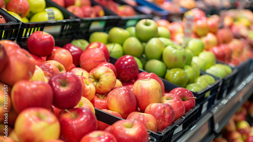 A closeup shot of fruit displays in grocery stores  featuring rows and columns filled with green boxes containing apples  red tomatoes  yellow peaches  and oranges.