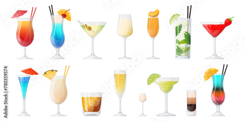 Various cocktails and spirits in cartoon glasses set