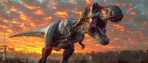 Dawn of the Dinosaur: T. rex's Majestic Morning Cry. Concept Dinosaur Discovery, T, rex Roaming, Jurassic World, Paleontology Adventure, Prehistoric Creatures